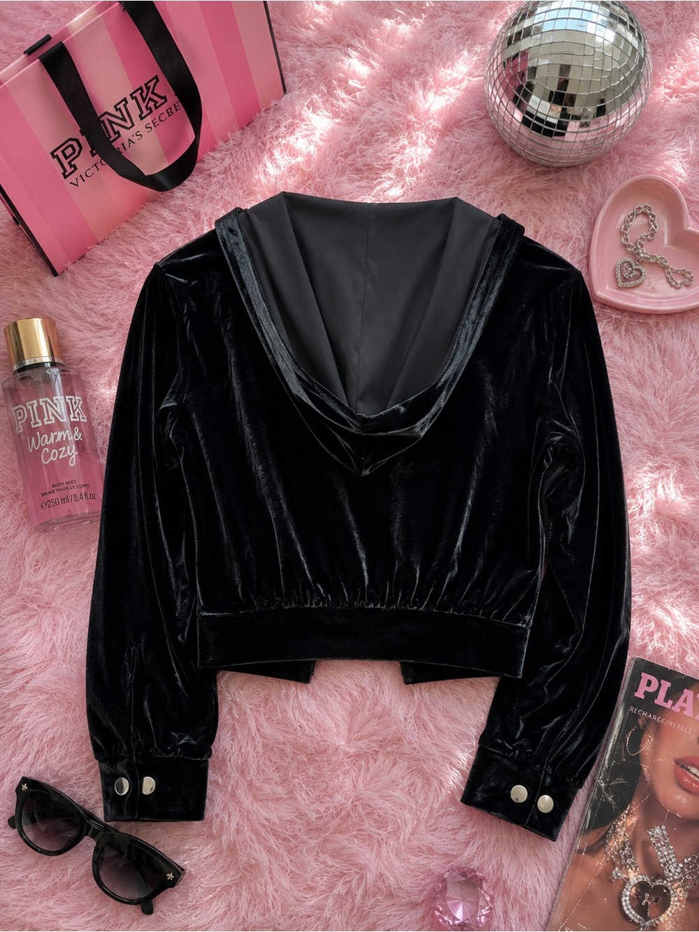 🖤✨ PINK Victoria’s Secret Velour Cropped Zip Hoodie – Black – Y2K ✨🩶 - Picture 2 of 4